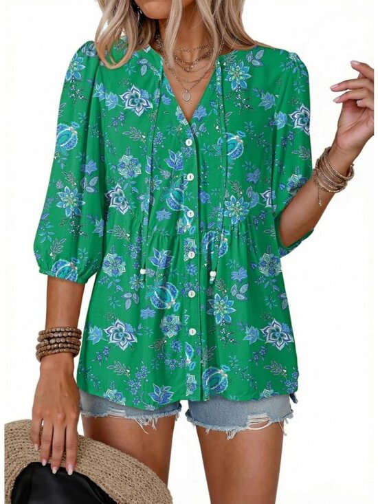 Tops - Women's Summer Tops Floral Short Sleeve Green Button Down V Neck Peplum Blouses